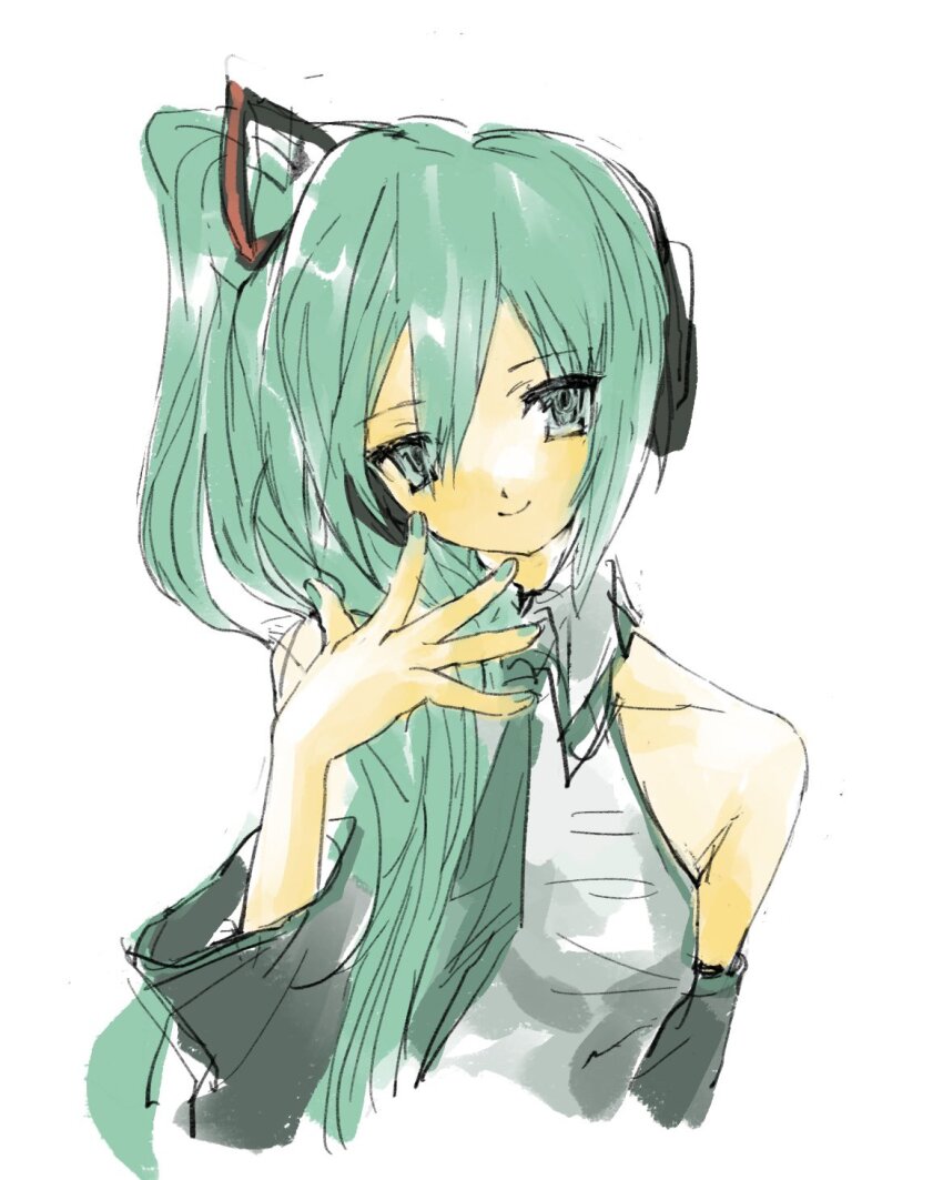 1girl blue_eyes blue_hair collared_shirt cropped_torso detached_sleeves hair_ornament hand_up hatsune_miku hatsune_miku_(noodle_stopper) head_tilt headphones highres inferno_030 looking_at_viewer meme nail_polish necktie shirt side_ponytail sidetail_miku_noodle_stopper_(meme) sleeveless sleeveless_shirt solo vocaloid