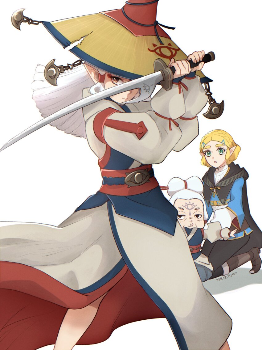 3girls black_pants blonde_hair blue_shirt brown_eyes brown_hat feet_out_of_frame grey_background grey_hair hair_ornament hairclip hat highres holding holding_sword holding_weapon impa long_hair long_sleeves multiple_girls nintendo pants parted_bangs paya_(zelda) pointy_ears princess_zelda puffy_long_sleeves puffy_sleeves shirt short_hair simple_background sword teraichigo the_legend_of_zelda the_legend_of_zelda:_tears_of_the_kingdom torn_clothes torn_hat weapon white_hair