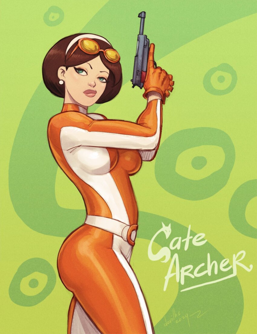 1girl bodysuit breasts brown_hair cate_archer character_name devilhs earrings eyewear_on_head gloves green_background green_eyes gun hairband highres holding holding_gun holding_weapon jewelry looking_at_viewer medium_breasts no_one_lives_forever orange-framed_eyewear orange_bodysuit orange_gloves short_hair solo tinted_eyewear two-tone_bodysuit weapon white_bodysuit white_hairband yellow-tinted_eyewear