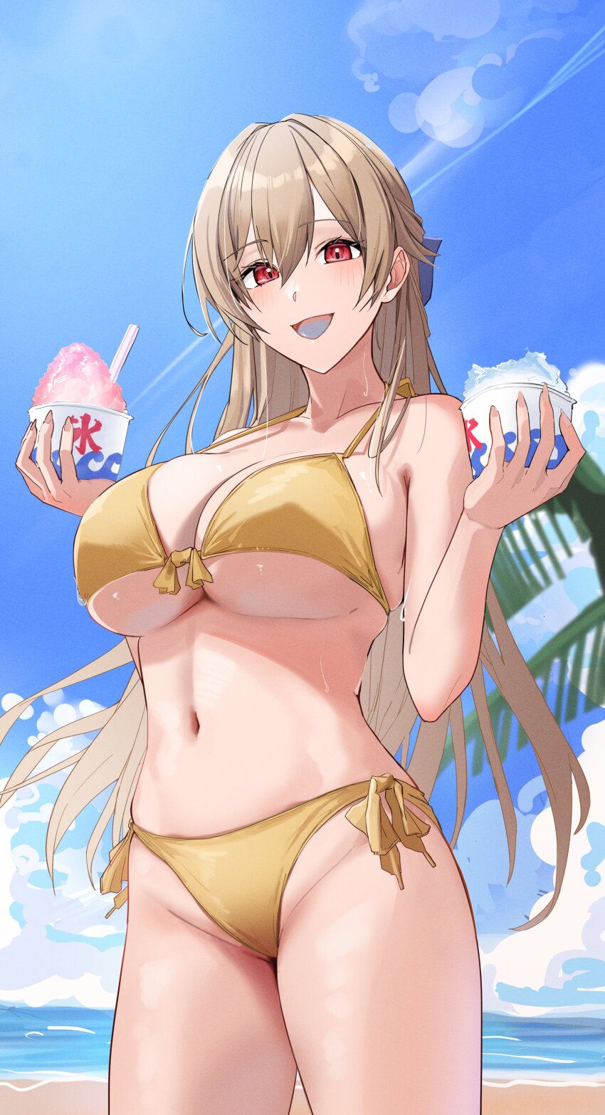 1girl :d absurdres bikini bikini_day blue_sky blush breasts brown_hair cloud collarbone cup day food front-tie_bikini_top front-tie_top furen_e_lustario hair_between_eyes hamigaki_(hikaruyusi) hands_up highres holding holding_cup large_breasts long_hair looking_at_viewer navel nijisanji open_mouth red_eyes shaved_ice side-tie_bikini_bottom sky smile solo standing swimsuit thighhighs tongue virtual_youtuber yellow_bikini