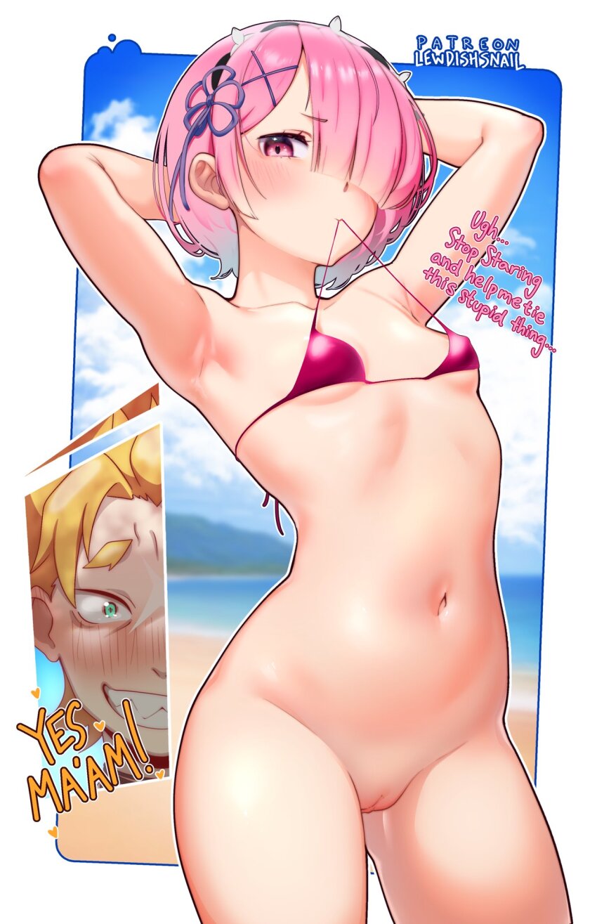 1boy 1girl aqua_eyes armpits arms_behind_head beach bikini blonde_hair blue_sky blush bottomless breasts clenched_teeth commentary contrapposto cowboy_shot english_commentary english_text garfiel_tinsel grin hair_over_one_eye hair_ribbon highres lewdishsnail maid_headdress mouth_hold navel ocean outdoors pink_hair purple_ribbon pussy ram_(re:zero) re:zero_kara_hajimeru_isekai_seikatsu red_bikini ribbon sharp_teeth short_hair sky small_breasts smile swimsuit teeth thighs uncensored