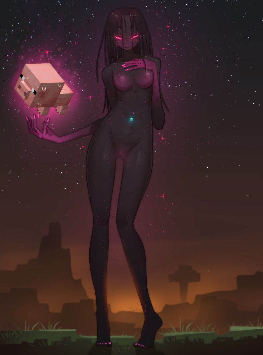 1girl black_hair black_skin breasts colored_skin commentary dawn enderman english_commentary full_body glowing glowing_eyes grass hand_on_own_chest highres justrube long_arms long_hair looking_at_viewer minecraft monster_girl navel night night_sky nude outdoors personification pig_(minecraft) red_eyes signature sky solo star_(sky) starry_sky sweatdrop