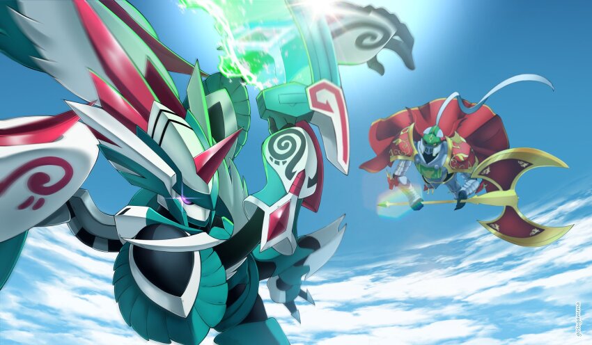 bird cape cloud digimon digimon_(creature) digimon_card_game digimon_liberator energy_sword green_helmet green_wings helmet highres holding holding_polearm holding_sword holding_weapon horns houei4 knight medievaldukemon midair polearm purple_eyes red_cape single_horn sunlight sword weapon white_helmet wings zephagamon