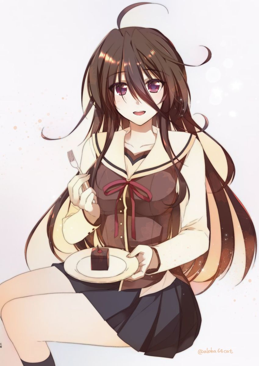 1girl :d alpha_(yukai_na_nakamatachi) brown_hair chocolate commentary_request female_focus food fork g-senjou_no_maou highres jpeg_artifacts kneehighs long_hair open_mouth plate pleated_skirt purple_eyes school_uniform sitting skirt smile socks solo usami_haru valentine very_long_hair