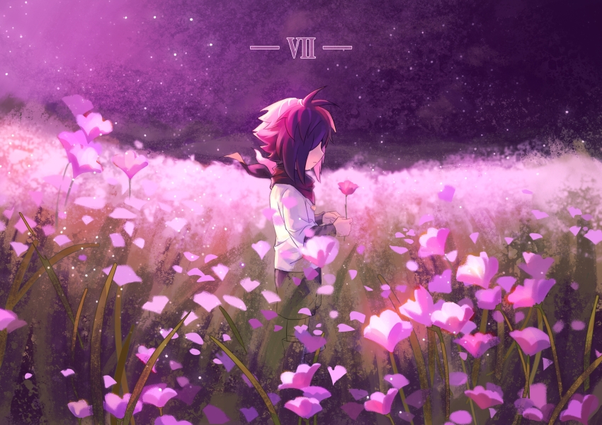 1boy absurdres alternate_universe antenna_hair backlighting bandana bandana_around_neck black_bandana black_hair black_shirt boots child chinese_commentary closed_mouth commentary_request covered_eyes field flower flower_field frisk_(undertale) from_side full_body gold_necklace hair_over_eyes heart heart_necklace highres holding holding_flower jewelry layered_sleeves light_particles long_sleeves male_focus necklace nishinianshaodehuanxi137 on_grass outdoors pink_flower pink_petals profile purple_sky roman_numeral shirt short_over_long_sleeves short_sleeves shorts sky socks solo standing undertale white_shirt xtale