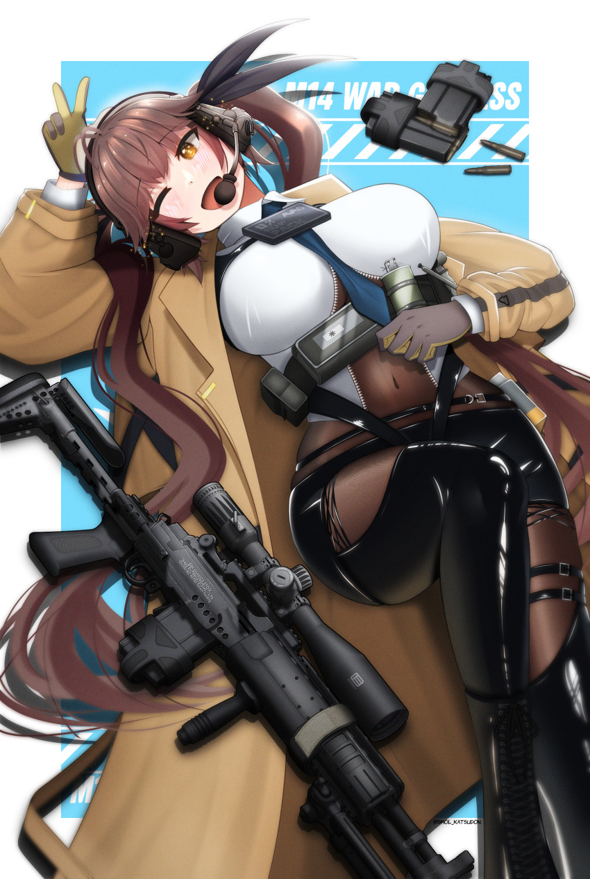 1girl 45sensei absurdres antenna_hair blush bodystocking breasts commission covered_navel girls&#039;_frontline glowing glowing_eyes highres large_breasts long_hair m14_(decisive_reinforcement)_(girls&#039;_frontline) m14_(girls&#039;_frontline) official_alternate_costume one_eye_closed orange_eyes smile solo twintails v very_long_hair