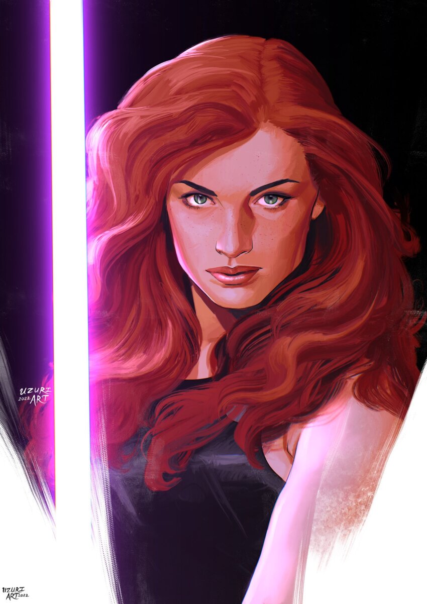 1girl artist_name black_tank_top energy_sword green_eyes highres lightsaber long_hair looking_at_viewer mara_jade orange_hair purple_lightsaber solo star_wars sword tank_top upper_body uzuri_art weapon