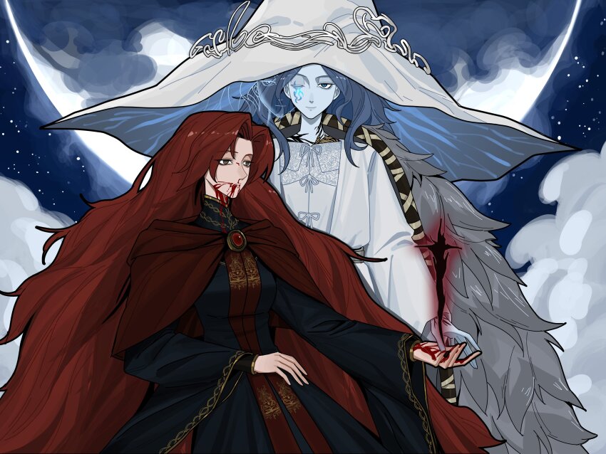 2girls 88rfnzknbhuc5sy absurdres black_robe blood blood_from_mouth blood_on_face blood_on_hands blue_eyes blue_hair blue_skin brooch brown_cloak brown_eyes capelet cloak closed_mouth colored_skin commentary cracked_skin dress dual_persona elden_ring english_commentary extra_faces facial_tattoo fur_cloak glowing_tattoo hat highres jewelry large_hat long_hair looking_at_viewer lunar_princess_ranni moon multiple_girls one_eye_closed ranni_the_witch red_capelet red_hair robe smile star_(sky) tattoo very_long_hair white_dress wide_sleeves witch witch_hat