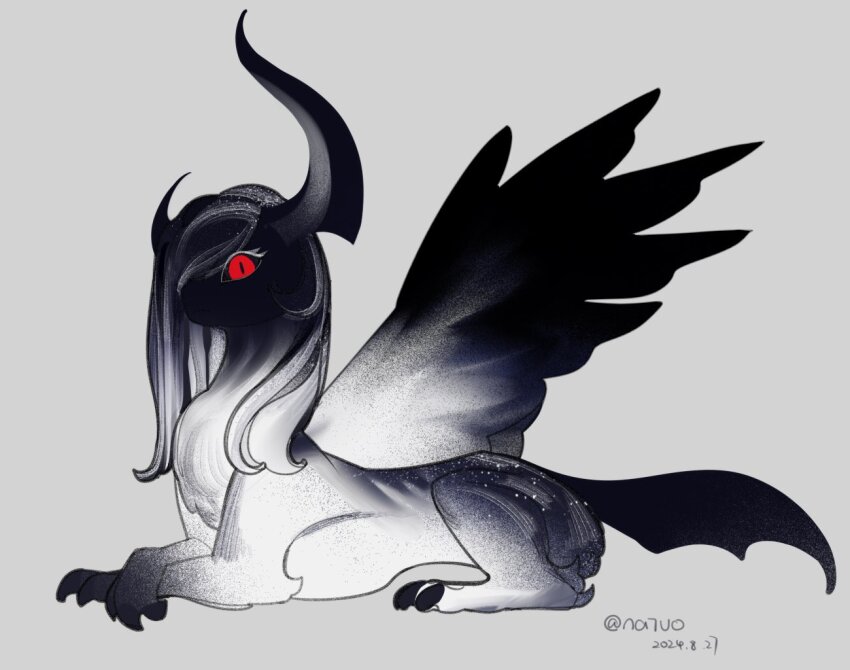 absol dated feathered_wings from_side gen_3_pokemon gradient_skin grey_background horns nintendo no_humans pokemon pokemon_(creature) pokemon_focus red_eyes shaded_face sharp_tail simple_background single_horn solo tianlang_fenghuo twitter_username wings