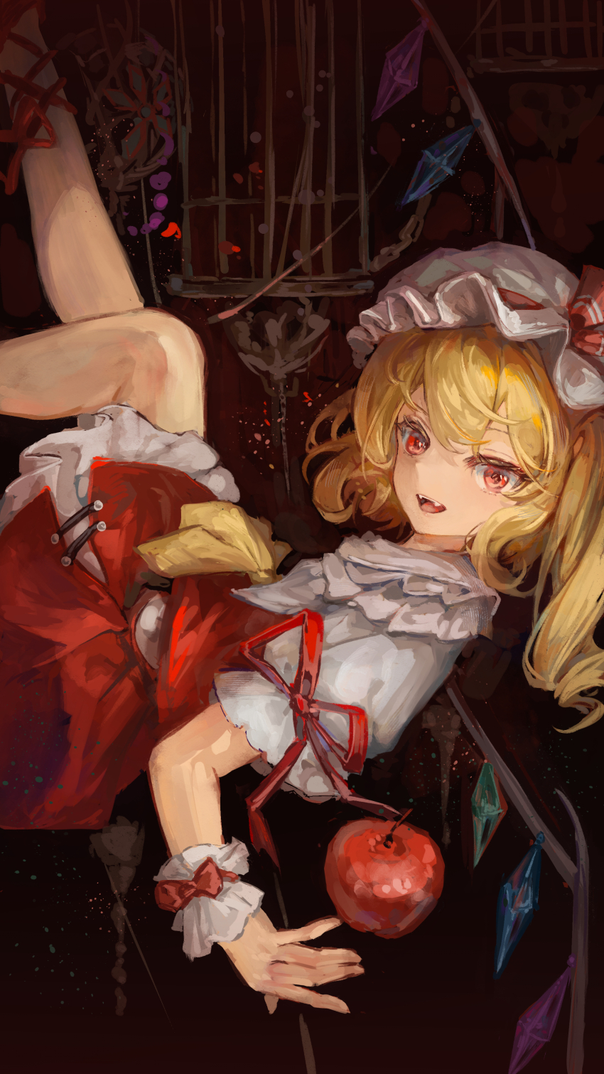 1girl absurdres apple blonde_hair blush crystal_wings fangs flandre_scarlet food fruit hair_between_eyes hat highres karenncat long_hair looking_at_viewer open_mouth red_eyes red_skirt shirt skirt solo textless_version touhou white_hat white_shirt wrist_cuffs