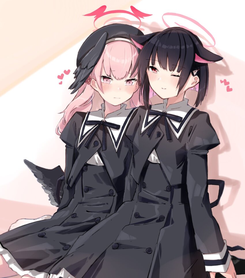 2girls ;) animal arms_at_sides assault_lily beret black_bra black_hair black_headwear black_skirt black_wings blue_archive blush bra buttons closed_mouth colored_inner_hair commentary_request commission cropped_jacket ear_blush feathered_wings flower hair_flower hair_ornament halo hat head_wings heads_together heart high-waist_skirt highres juliet_sleeves kazusa_(blue_archive) koharu_(blue_archive) long_hair long_sleeves looking_away low_wings miniskirt multicolored_background multicolored_hair multiple_girls neck_ribbon negu_(pixiv_6519140) no_shoes one_eye_closed orange_background pink_background pink_eyes pink_flower pink_hair puffy_sleeves red_eyes ribbon school_uniform shadow shirt short_hair side-by-side sitting skeb_commission skirt smile socks two-tone_hair underwear white_shirt white_socks wings yuri yurigaoka_girls_academy_school_uniform