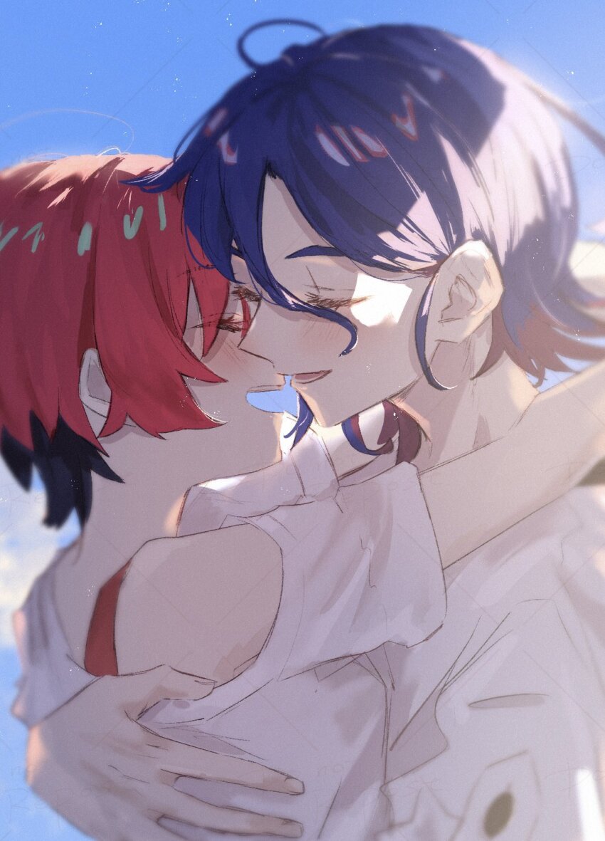 1boy 1girl amate_yuzuriha blue_hair blue_sky closed_eyes colored_inner_hair commentary_request day gundam gundam_gquuuuuux highres hug multicolored_hair open_mouth printemps red_hair shirt short_hair shuji_ito sky smile two-tone_hair upper_body white_shirt