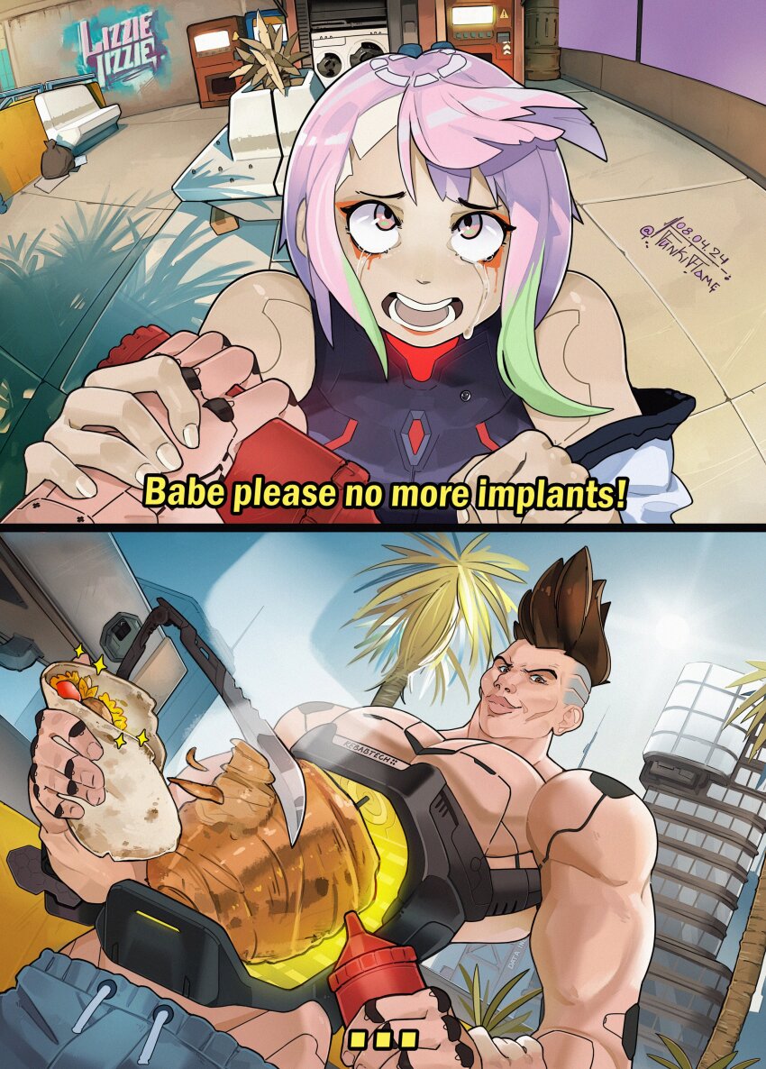 1boy 1girl absurdres brown_hair crying crying_with_eyes_open cyberpunk:_edgerunners cyberpunk_(series) cyborg david_martinez doner_sandwich food funkiflame graffiti green_hair highres kazuya_guy_(meme) ketchup lucy_(cyberpunk) makeup mantis_blades_(cyberpunk) meme multicolored_hair muscular muscular_male palm_tree pants pink_hair runny_makeup shawarmachine_(meme) sweatpants tears topless_male tree