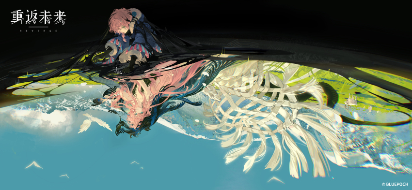 1girl aqua_eyes bird black_gloves black_liquid black_veil blue_sky blue_veil chimera coat copyright_name copyright_notice crying different_reflection gloves grass grin highres kneeling logo long_hair looking_at_reflection looking_down mountain nautika_(reverse:1999) official_art official_wallpaper pants pink_hair purple_coat reflection reverse:1999 sky smile solo streaming_tears tears veil very_long_hair white_bird white_pants wide_shot