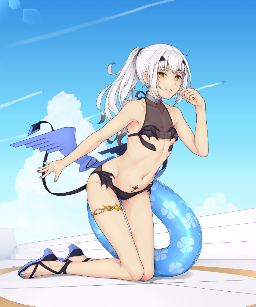 1girl absurdres bare_shoulders bikini black_bikini blue_sky breasts dragon_wings fate/grand_order fate_(series) forked_eyebrows grin high_ponytail highres innertube jewelry kneeling long_hair looking_at_viewer melusine_(fate) melusine_(swimsuit_ruler)_(fate) melusine_(swimsuit_ruler)_(first_ascension)_(fate) navel ponytail sandals sidelocks sky small_breasts smile solo stomach_tattoo swim_ring swimsuit tail tattoo thighlet white_hair wings yellow_eyes yossyzero
