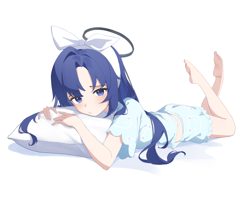 1girl absurdres artistic_error bad_feet bare_legs barefoot black_halo blue_archive blue_eyes blue_hair blue_pajamas full_body hair_ribbon halo highres laocheng_(axpp4722) long_hair looking_at_viewer lying mechanical_halo official_alternate_costume on_stomach pajamas pillow purple_hair ribbon shadow simple_background slippers solo straight_hair the_pose very_long_hair white_background white_ribbon yuuka_(blue_archive) yuuka_(pajamas)_(blue_archive)