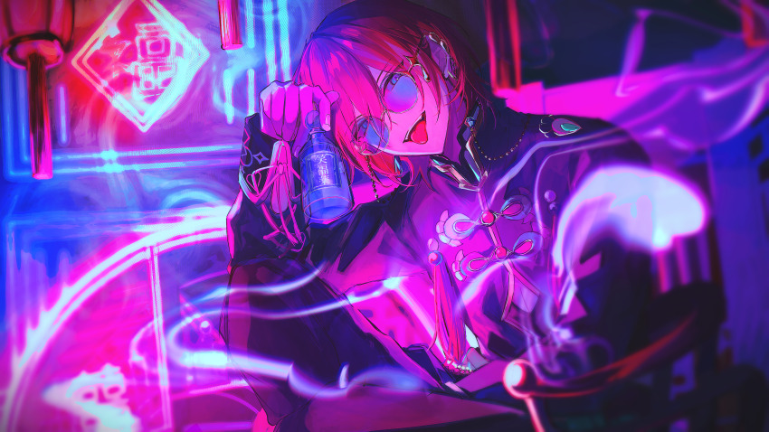 1boy :p absurdres analogous_colors bishounen black_jacket blurry bottle chair chinese_clothes cutout_above_navel depth_of_field diamond_cutout doufang ensemble_stars! good_fortune_symbol hand_up highres holding holding_bottle jacket knee_up lantern long_sleeves male_focus neon_lights open_mouth paper_lantern purple-tinted_eyewear red_hair rocking_chair round_eyewear saegusa_ibara saturated shindoi_(yuiyui316) short_hair sitting sleeve_cuffs smoke smoke_trail solo tangzhuang teeth tinted_eyewear tongue tongue_out upper_teeth_only