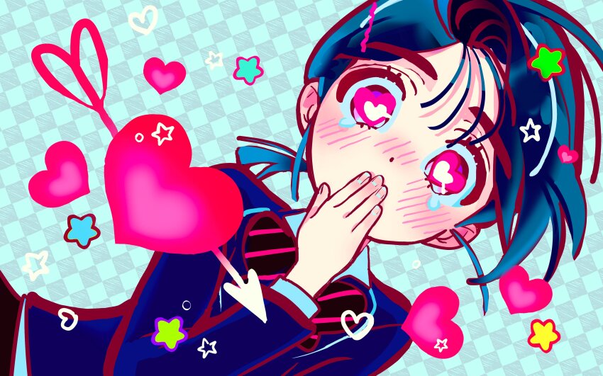 1girl absurdres alien_stage arrow_through_heart black_hair blue_background blue_jacket blush bobby_pin bow bowtie checkered_background collared_shirt commentary covering_own_mouth diagonal-striped_bow diagonal-striped_bowtie diagonal-striped_clothes hand_over_own_mouth hashtag-only_commentary heart heart-shaped_pupils highres jacket long_sleeves low_ponytail nose_blush official_alternate_costume official_art ponytail purple_eyes second-party_source shirt short_hair short_ponytail solo star_(symbol) striped_clothes sua_(alien_stage) symbol-shaped_pupils tears vivinos white_shirt