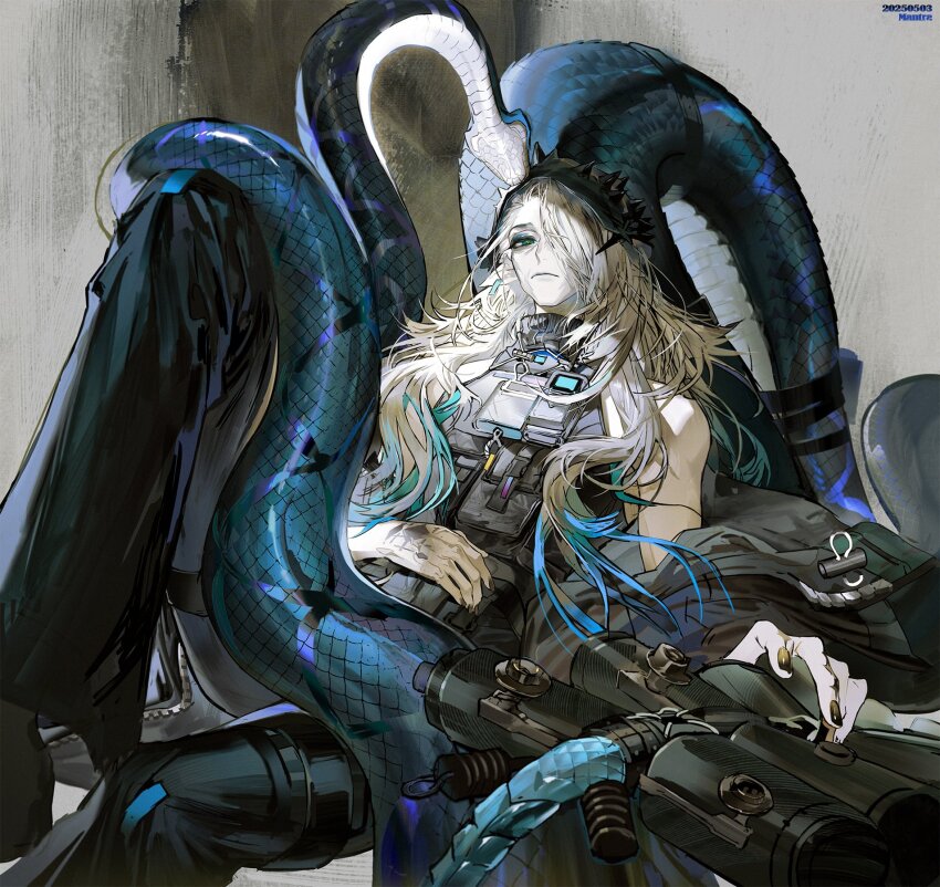 arknights black_pants blonde_hair flak_jacket hair_over_one_eye highres jacket mantra_(arknights) multicolored_hair nail_polish nano_(c175311) one_eye_covered pants reclining snake snake_tail tail