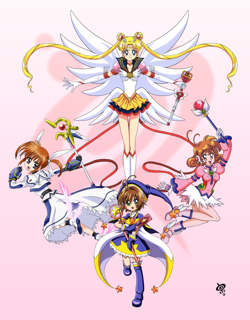 00s 1990s_(style) 4girls absurdres ahoge bishoujo_senshi_sailor_moon bishoujo_senshi_sailor_moon_sailor_stars bishoujo_senshi_sailor_moon_stars black_gloves blonde_hair blue_eyes blue_footwear blue_gloves blue_hat blue_sailor_collar blue_skirt boots brooch brown_eyes brown_hair card cardcaptor_sakura child choker corrector_yui crescent crescent_facial_mark crossover curly_hair double_bun dress elbow_gloves eternal_sailor_moon facial_mark gloves green_eyes hair_bun hair_ornament hair_ribbon hairpin hat heart heart_brooch highres jewelry kamuspiral kasuga_yui kinomoto_sakura knee_boots layered_skirt long_hair lyrical_nanoha magical_girl mahou_shoujo_lyrical_nanoha multiple_crossover multiple_girls open_mouth pink_background pink_shirt raising_heart raising_heart_(device_mode)_(1st) retro_artstyle ribbon sailor_collar sailor_moon shirt short_twintails skirt smile staff star_(symbol) star_brooch takamachi_nanoha takamachi_nanoha_(movie_1st_mode) thighhighs tsukino_usagi twintails wand white_footwear white_gloves wing_brooch wings