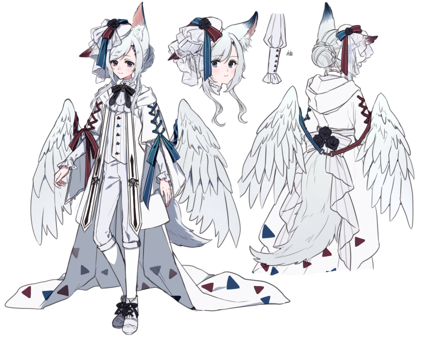 1boy androgynous angel_wings animal_ear_fluff animal_ears back_bow black_bow black_bowtie black_flower black_rose blue_ribbon bow bowtie capri_pants closed_mouth coat commentary_request cross-laced_clothes cross-laced_footwear cross-laced_sleeves day fascinator floral_print flower frilled_shirt_collar frilled_sleeves frills full_body gen_4_pokemon hair_bun hair_ornament highres hood hood_down hooded_coat kneehighs layered_sleeves long_sleeves looking_at_viewer low_wings male_focus moe_(hamhamham) multiple_views nintendo open_clothes open_coat pants parted_lips personification pokemon pokemon_wings red_ribbon reference_sheet ribbon rose rose_print shirt shoes sidelocks simple_background single_hair_bun smile socks standing stole swept_bangs tail togekiss triangle_print turnaround vest white_background white_bow white_coat white_footwear white_hair white_headwear white_pants white_shirt white_socks white_vest white_wings wings x_hair_ornament