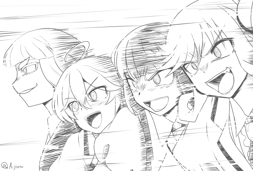 4girls @_@ ahoge blunt_bangs getter_robo getter_robo_(classic) getter_team_pose_(meme) greyscale grin highres isemi_tina kurogane_otoha long_hair marduck meme monochrome multiple_girls open_mouth pose_imitation puffy_sleeves rock_wa_lady_no_tashinami_deshite shiraya_tamaki short_hair smile smug suzunomiya_lilisa teeth twintails twitter_username v-shaped_eyebrows