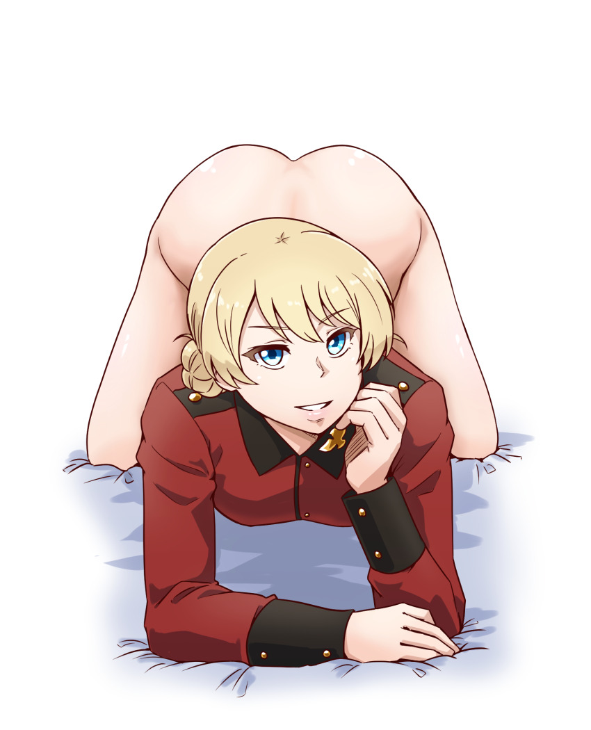 1girl all_fours ass bed_sheet blonde_hair blue_eyes bottomless braid breasts come_hither cropped_legs darjeeling_(girls_und_panzer) girls_und_panzer hand_on_own_arm highres jacket large_breasts looking_at_viewer military military_uniform no_pants on_bed parted_lips red_jacket satou_yasu seductive_smile short_hair smile solo st._gloriana&#039;s_military_uniform white_background