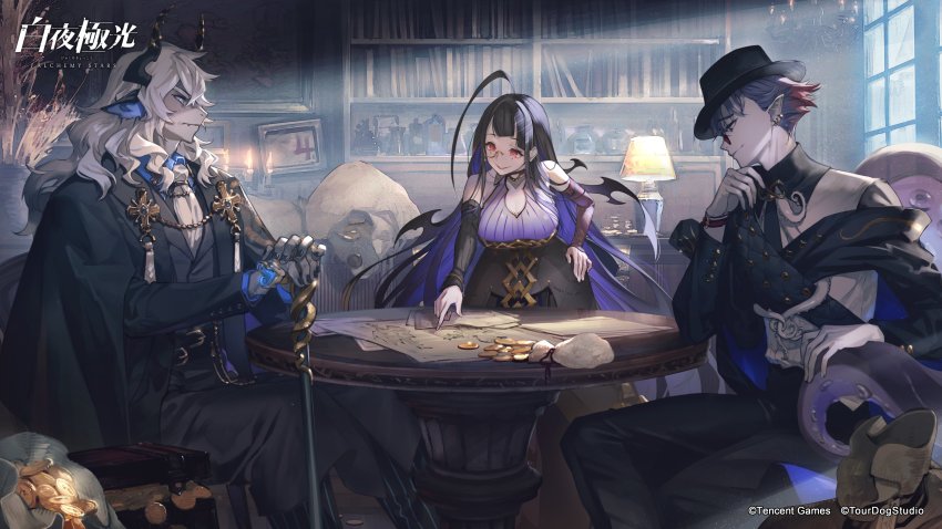 1girl 2boys absurdres alchemy_stars animal_ears antenna_hair asymmetrical_sleeves black_cape black_coat black_dress black_hair black_headwear black_nails black_neckwear black_pants black_shirt blue_eyes blue_shirt book bookshelf breasts candle cane cape chair chandelier cleavage_cutout closed_mouth clothing_cutout coat coin collared_shirt colored_skin demon_wings detached_sleeves dress earrings fangs fedora feet_out_of_frame formal_clothes frown glasses grey_skin halterneck hand_on_own_chin hand_up hat highres holding holding_cane horns indoors istvan_(alchemy_stars) jacket jewelry kleken_(alchemy_stars) lamp large_breasts light_particles light_rays long_hair mismatched_sleeves monocle multicolored_hair multiple_boys nail_polish necktie official_art pants paper picture_frame pointing pointy_ears red_eyes red_hair sash sheol_(alchemy_stars) shirt short_hair sitting smile streaked_hair suit_jacket sunbeam sunlight table tentacles tinted_eyewear umiu_geso watch white_hair white_neckwear white_shirt window wings wristwatch