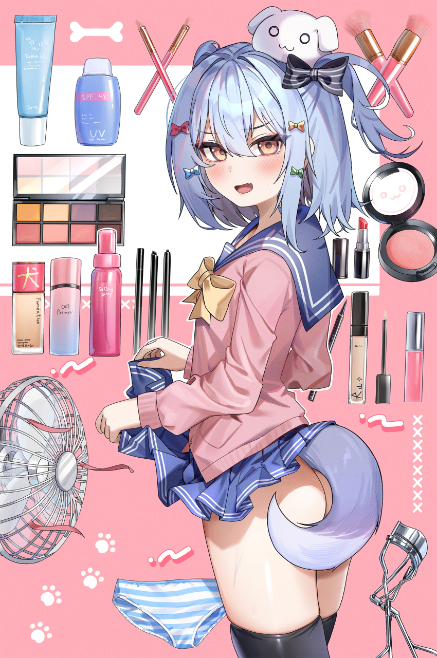 1boy absurdres black_thighhighs blue_hair blue_sailor_collar blue_skirt blush bow bowtie brown_eyes bu_leike cardigan clothes_lift commentary cosmetics cowboy_shot dog_hair_ornament dog_tail electric_fan fang from_side hair_between_eyes hair_bow hair_ornament highres inuyama_tamaki lifting_own_clothes lipstick_tube looking_at_viewer medium_hair miniskirt multiple_hair_bows noripro open_mouth panties pink_cardigan pleated_skirt sailor_collar school_uniform serafuku skindentation skirt skirt_lift solo striped_clothes striped_panties sweatdrop tail thighhighs trap two_side_up underwear unworn_panties virtual_youtuber yellow_bow yellow_bowtie