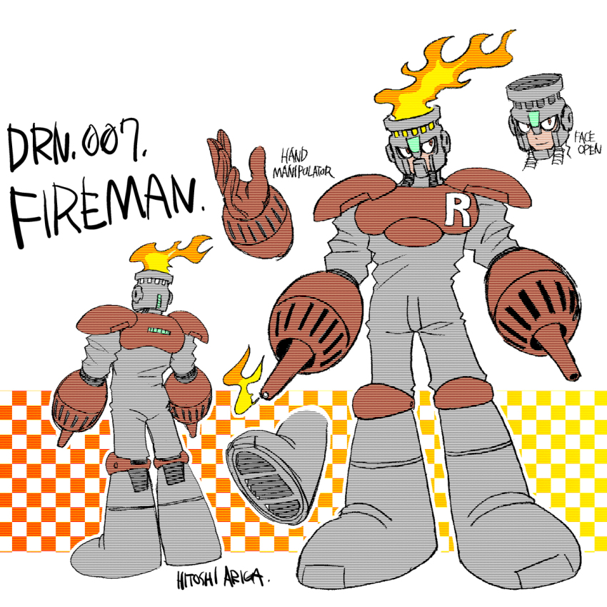 1boy ariga_hitoshi arm_cannon armor artist_name bodysuit boots character_name checkered_background closed_mouth commentary concept_art dual_arm_cannons english_text fire fire_man from_behind full_body gradient_background grey_bodysuit highres humanoid_robot knee_boots light_smile looking_ahead looking_to_the_side male_focus mask mega_man_(classic) mega_man_(series) mega_man_1 mega_man_megamix multiple_views no_humans orange_background orange_eyes red_armor reference_sheet robot scanlines shoe_soles shoulder_armor simple_background standing turnaround weapon white_background yellow_background