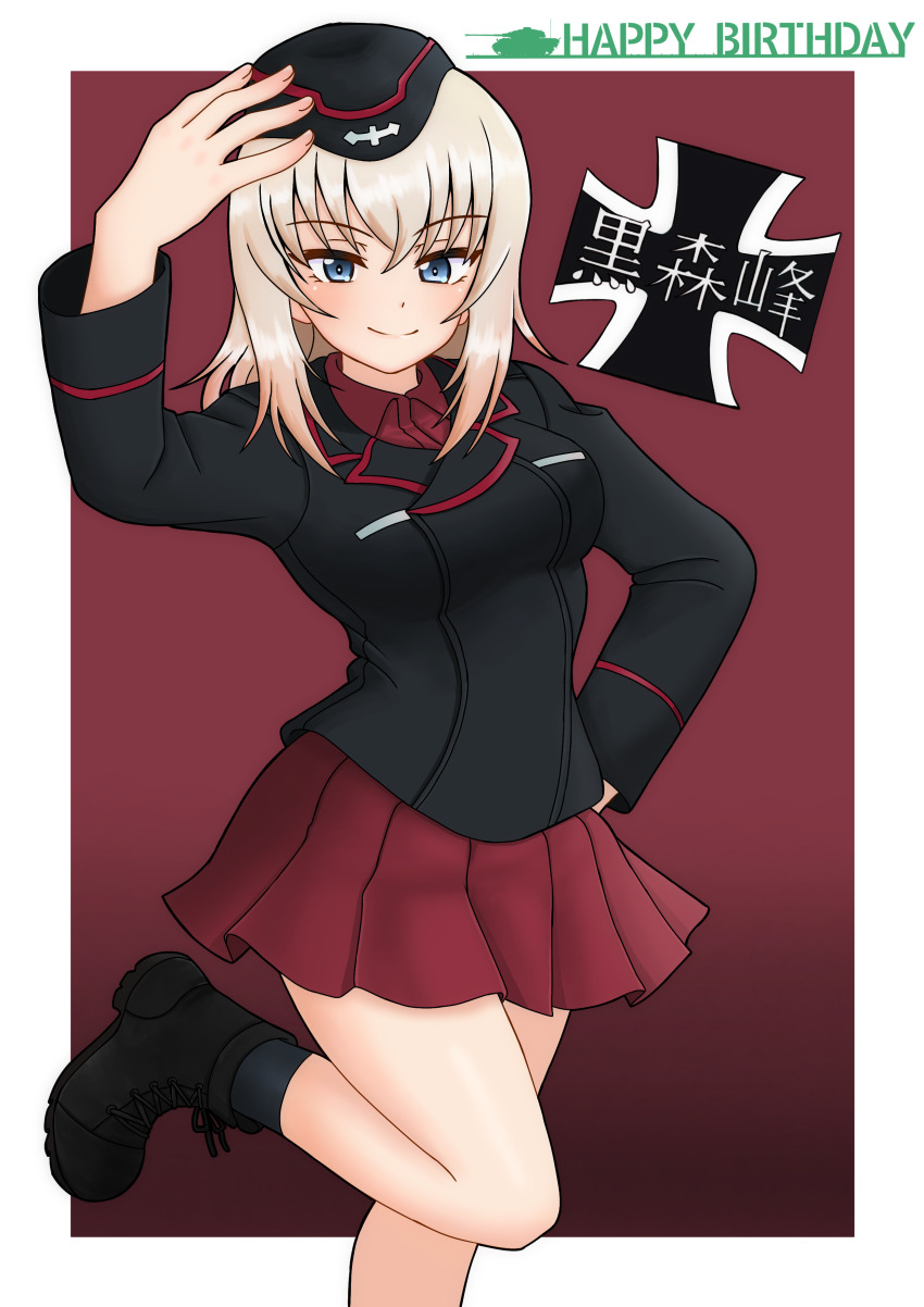 1girl absurdres amanone_yun ankle_boots birthday black_boots black_hat black_jacket black_socks blue_eyes boots closed_mouth dress_shirt emblem english_text garrison_cap girls_und_panzer grey_hair hand_on_own_hat hand_on_own_hip happy_birthday hat highres insignia itsumi_erika jacket kneehighs kuromorimine_(emblem) kuromorimine_military_uniform leg_up long_sleeves looking_at_viewer medium_hair military_hat military_uniform miniskirt pleated_skirt red_background red_shirt red_skirt shirt skirt smile socks solo standing standing_on_one_leg wing_collar