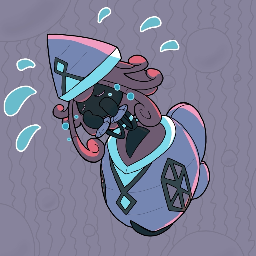 1girl backlighting bandeau black_skin colored_skin covering_face crying female_focus flat_chest flying_sweatdrops full_body gen_7_pokemon grey_background hands_up hat legendary_pokemon long_hair monya nintendo no_mouth pink_hair pink_hat pokemon pokemon_(creature) raised_eyebrows sad sidelocks solo tapu_lele tears white_bandeau