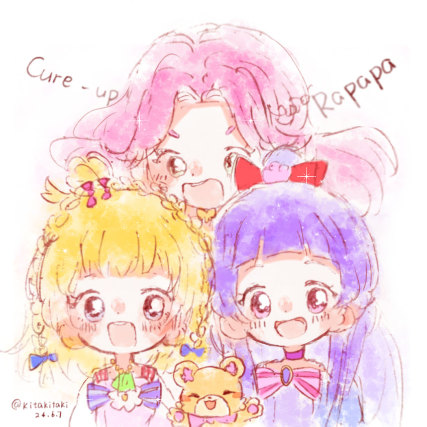 3girls ^_^ artist_name asahina_mirai blonde_hair blue_bow blue_sleeves blunt_bangs blush bow bowtie braid brooch butterfly_choker chibi chinese_commentary choker closed_eyes commentary_request crown_braid dated dot_nose dress english_text eyelashes flower flower_brooch gold_necklace green_eyes grey_eyes hair_bow hair_bun hair_flower hair_ornament hanami_kotoha happy izayoi_liko jewelry kitakiyo light_particles long_hair long_sleeves looking_at_viewer mahou_girls_precure! mofurun_(mahou_girls_precure!) multiple_girls multiple_hair_bows necklace open_mouth parted_bangs pink_bow pink_bowtie pink_eyes pink_flower pink_hair pink_shirt precure purple_bow purple_bowtie purple_brooch purple_choker purple_dress purple_hair red_bow shirt side_braids sidelocks simple_background single_hair_bun smile sparkle striped_bow striped_bowtie striped_clothes stuffed_animal stuffed_toy tareme teddy_bear teeth upper_body upper_teeth_only white_background white_flower white_sleeves