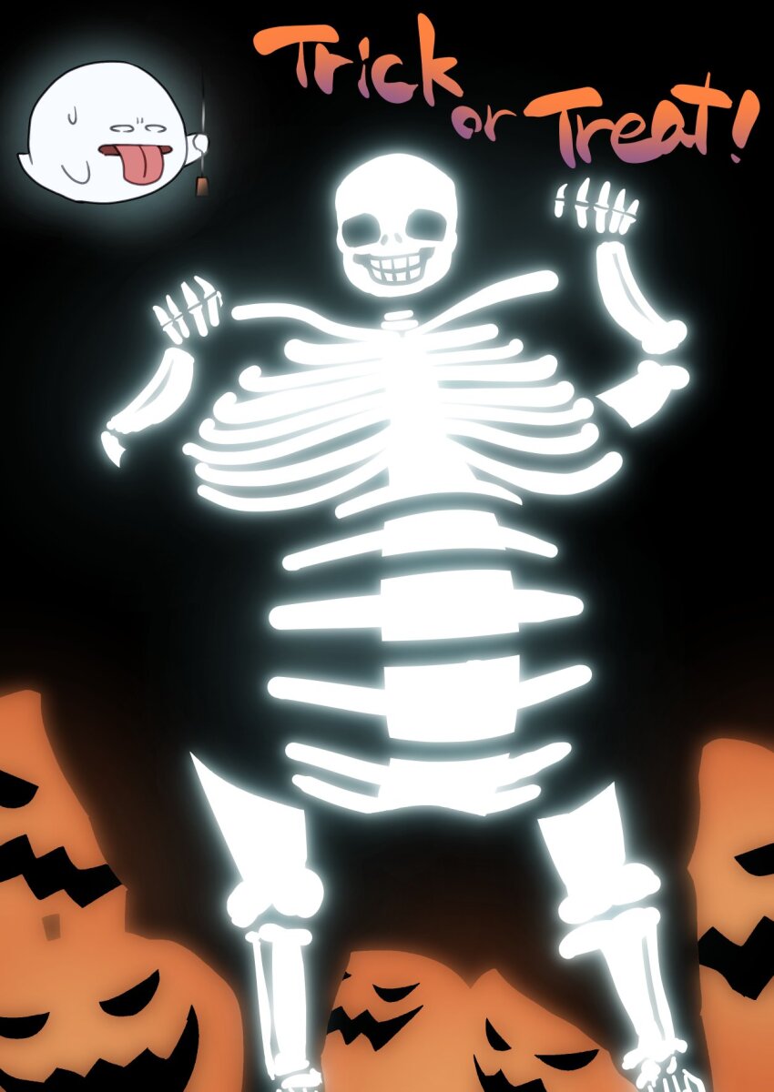 ! black_background commentary_request english_text feet_out_of_frame ghost glowing halloween highres jack-o&#039;-lantern kukeiha_(squarewave29) looking_at_viewer open_mouth original skeleton tongue tongue_out