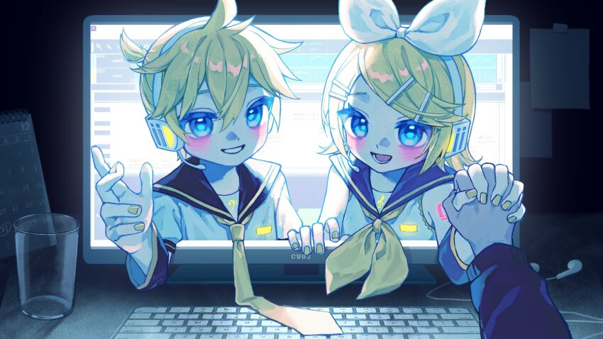 1boy 1girl 1other bare_shoulders bass_clef blonde_hair blue_eyes blush bow calendar_(object) computer computer_keyboard cup detached_sleeves drinking_glass earbuds earphones eob eyelashes fingernails flat_chest glowing_tattoo grin hair_between_eyes hair_ornament hairband hairclip headset highres holding_hands interlocked_fingers kagamine_len kagamine_rin long_sleeves looking_at_viewer lower_teeth_only medium_hair monitor musical_note nail_polish neckerchief necktie note open_hand open_mouth pov pov_hands reaching reaching_towards_viewer sailor_collar short_hair short_sleeves shoulder_tattoo smile swept_bangs tattoo teeth treble_clef upper_body vocaloid vocaloid_editor white_bow white_hairband yellow_nails yellow_neckerchief yellow_necktie
