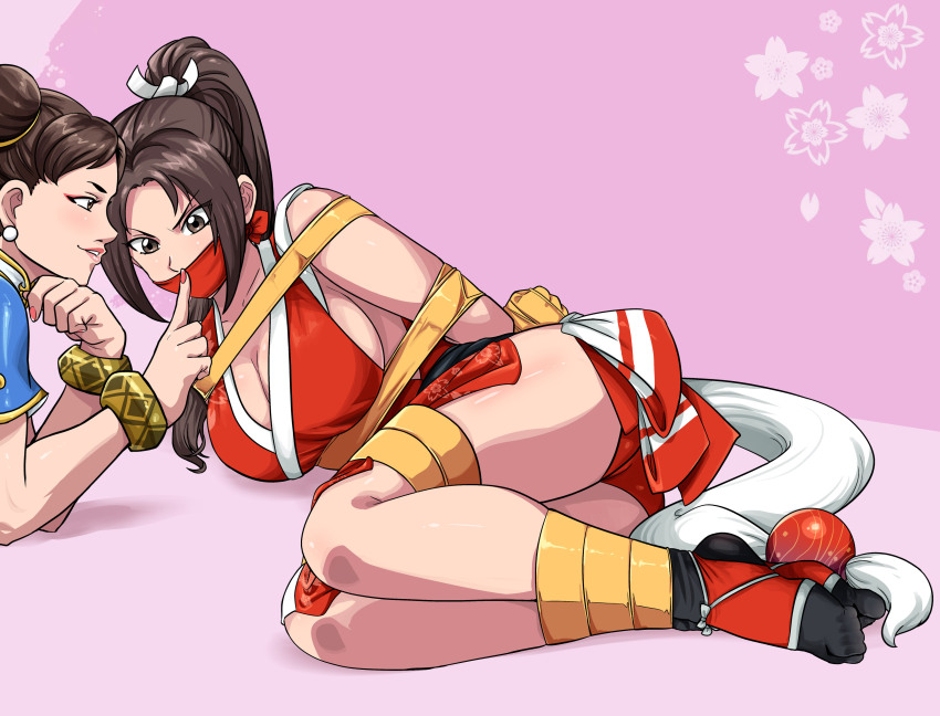 2girls absurdres ass bdsm bondage bound breasts brown_eyes brown_hair capcom chun-li cleavage fatal_fury female_focus gag gagged highres legs lost_one_zero multiple_girls shiranui_mai solo_focus street_fighter street_fighter_6 the_king_of_fighters thighs