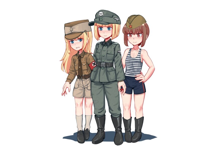 3girls arm_at_side armband belt belt_buckle black_belt black_footwear blue_eyes blue_shirt blunt_ends boots breast_pocket brown_belt brown_eyes brown_hair brown_hat brown_pants brown_shirt buckle buttons censored_symbol closed_mouth collar_tabs collared_jacket collared_shirt commentary english_commentary field_cap flat_chest full_body garrison_cap green_hat green_jacket green_pants hand_on_own_hip hat highres insignia jacket jam_(user_yrfw2555) long_hair long_sleeves looking_ahead looking_at_viewer looking_to_the_side m43_field_cap military_hat military_jacket military_uniform multiple_girls nazi open_mouth original pants patch pocket red_armband red_star reichsadler shadow shirt shirt_tucked_in shoes short_hair shoulder_boards shoulder_patch skull_and_crossbones smile socks soldier soviet_army standing star_(symbol) striped_clothes striped_shirt sturmabteilung telnyashka totenkopf waffen-ss white_background white_shirt white_socks world_war_ii x