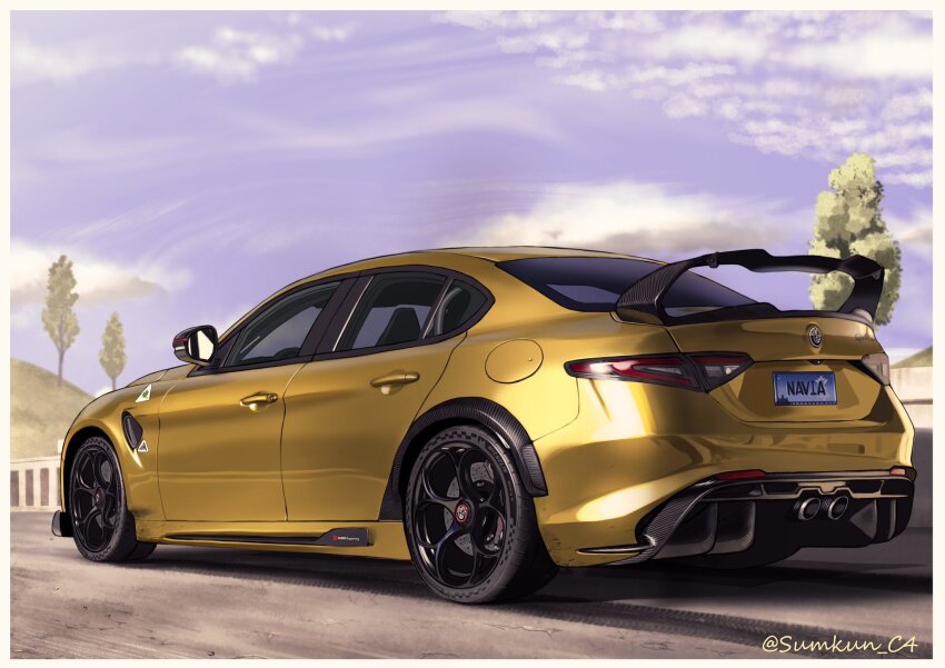 alfa_romeo alfa_romeo_giulia alfa_romeo_giulia_quadrifoglio artist_name car cloud genshin_impact gold_car highres license_plate motor_vehicle no_humans shadow sky spoiler_(automobile) sumakun tree twitter_username vehicle_focus