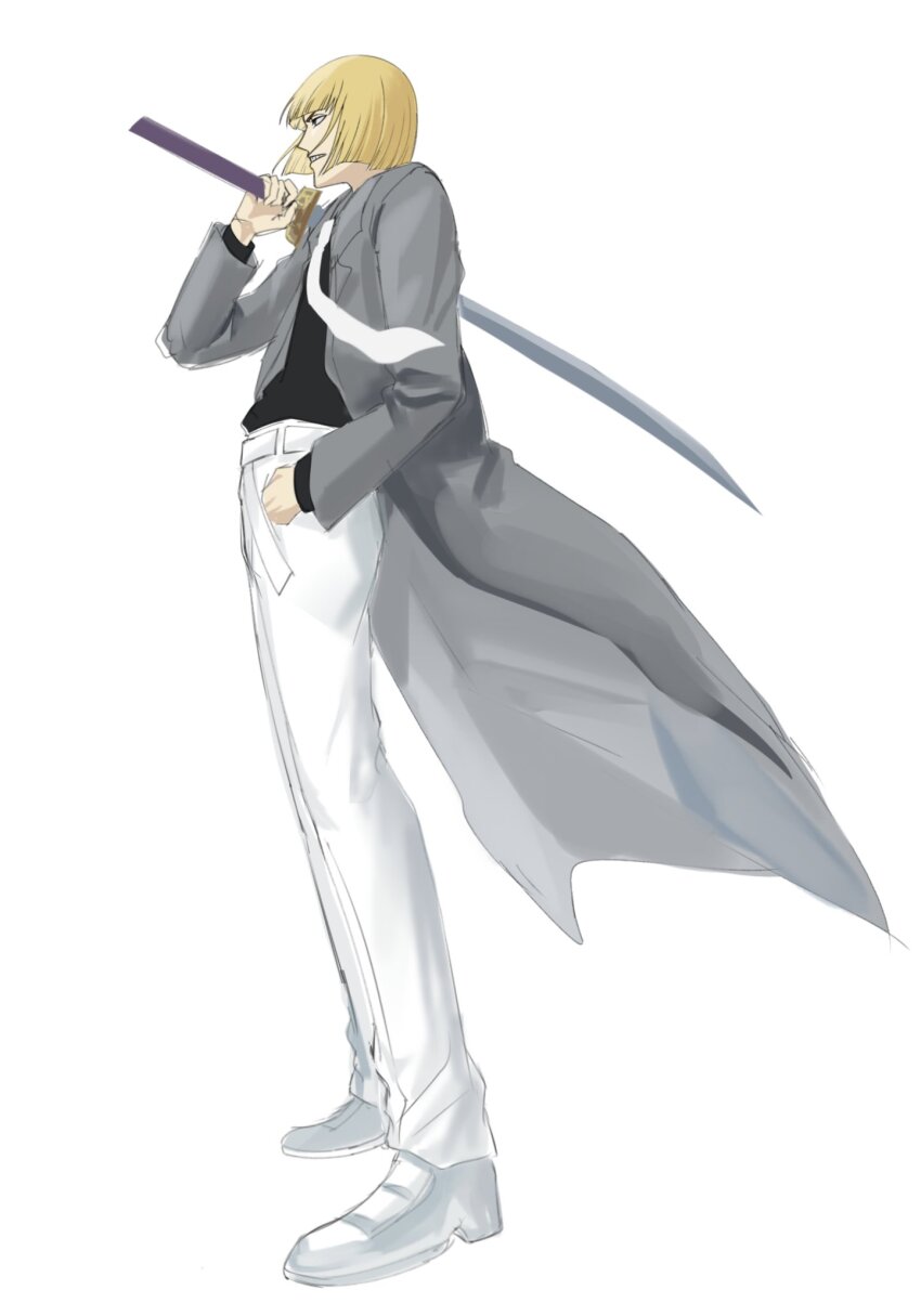 1boy black_shirt bleach blonde_hair blunt_bangs blunt_ends bob_cut commentary_request fighting_stance from_side full_body grey_jacket hand_in_pocket highres hirako_shinji holding holding_sword holding_weapon jacket katana korean_commentary kuni_929 long_sleeves looking_ahead male_focus necktie open_clothes open_jacket over_shoulder pants parted_lips profile shirt shoes short_hair simple_background sketch solo standing sword sword_over_shoulder teeth v-shaped_eyebrows weapon weapon_over_shoulder white_background white_necktie white_pants white_shoes