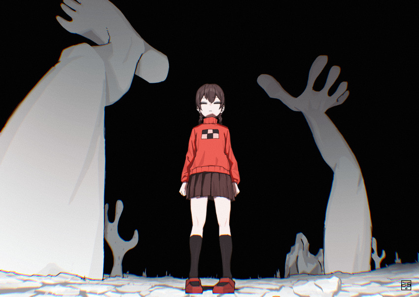 1girl absurdres black_socks blast-7 braid brown_hair closed_eyes closed_mouth highres kneehighs long_sleeves madotsuki pleated_skirt red_shoes red_sweater shoes signature skirt socks solo standing sweater turtleneck turtleneck_sweater twin_braids yume_nikki