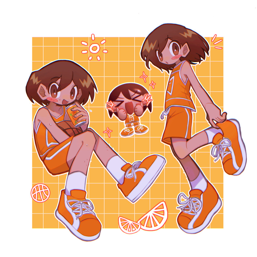 &gt;_&lt; 1boy ball basketball_(object) blush_stickers border brown_eyes brown_hair can chibi commentary double_thumbs_up drink_can fingernails food fruit full_body hair_between_eyes highres holding holding_ball holding_can kel_(faraway)_(omori) kel_(omori) male_focus omori open_mouth orange_(fruit) orange_shoes orange_shorts orange_slice orange_tank_top shoes short_hair shorts sneakers socks soda_can tan tank_top thumbs_up white_border white_socks yappari