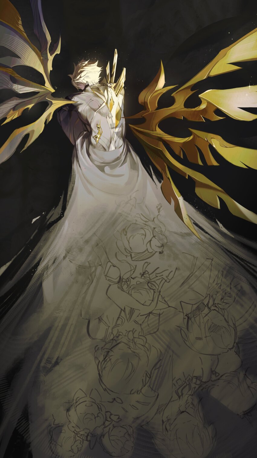 3boys 6+girls absurdres aglaea_(honkai:_star_rail) alternate_form anaxa_(honkai:_star_rail) asymmetrical_wings black_shirt blonde_hair cipher_(honkai:_star_rail) commentary drawing_(object) english_commentary hair_between_eyes highres honkai:_star_rail honkai_(series) hyacine_(honkai:_star_rail) male_focus material_growth multiple_boys multiple_girls mydei_(honkai:_star_rail) phainon_(honkai:_star_rail) robe shirt short_hair solo_focus squatting toriumu torn_clothes torn_shirt trianne_(honkai:_star_rail) tribbie_(honkai:_star_rail) trinnon_(honkai:_star_rail) white_robe wings yellow_wings