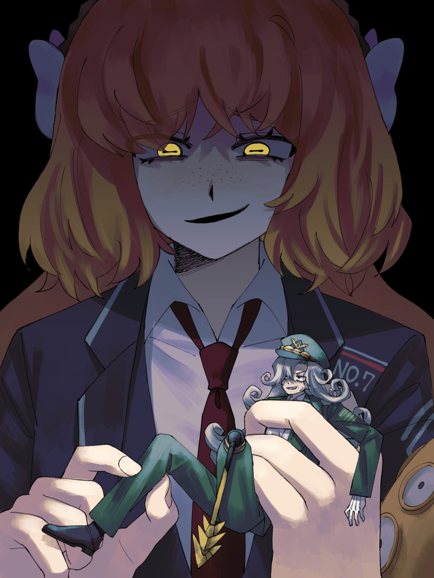 2girls ahab_(project_moon) black_background black_jacket collared_shirt curly_hair freckles green_hat green_jacket green_pants grey_hair hat highres holding holding_mini_person horizontal_pupils ishmael_(project_moon) jacket kitaku_(ienikaeru) lapels limbus_company long_hair long_sleeves mini_person multiple_girls necktie notched_lapels open_mouth orange_hair pants peg_leg project_moon red_necktie shirt sidelocks simple_background smile very_long_hair white_shirt yellow_eyes