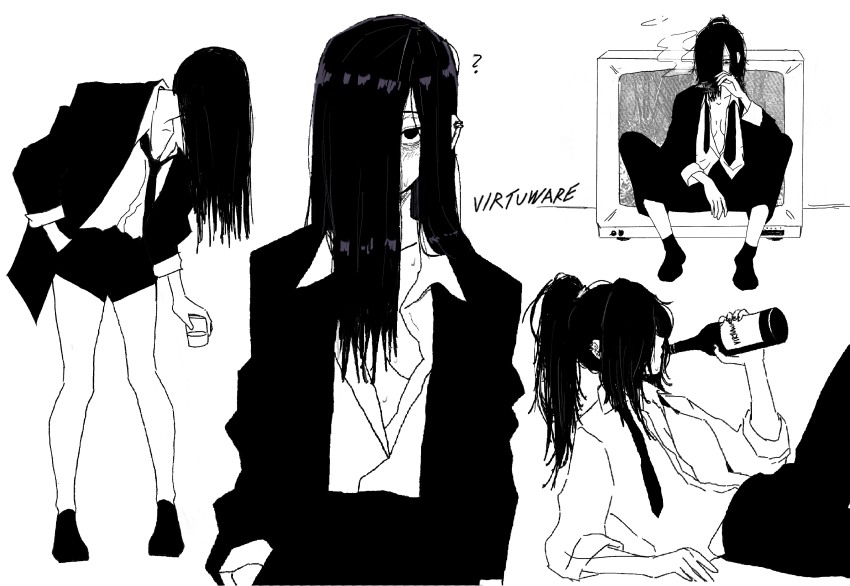 1girl ? absurdres alcohol artist_name bags_under_eyes black_footwear black_hair black_shorts black_suit bottle breasts buttons cigarette cleavage collared_shirt commentary cup drink drinking drinking_glass earrings english_commentary formal_clothes full_body ghost ghost_girl greyscale hair_over_eyes hair_over_face hair_over_one_eye hand_in_pocket highres holding holding_bottle holding_cigarette holding_cup holding_drink jewelry long_hair lying messy_hair monochrome multiple_views necktie necktie_over_shoulder open_clothes open_shirt shirt shorts signature sitting smoking suit television the_ring twitter_username unbuttoned unbuttoned_shirt vest virtuware wet white_background white_shirt wine wine_bottle wine_glass yamamura_sadako