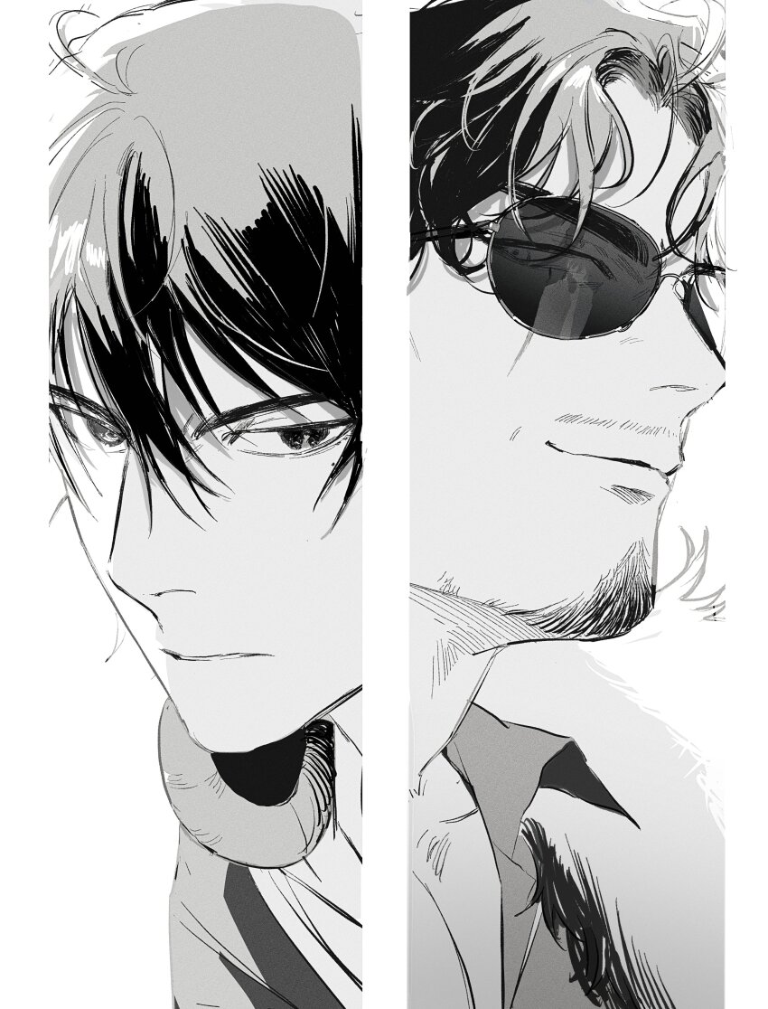 2boys absurdres ahoge amayado_rei beard_stubble coat collared_shirt curtained_hair eye_reflection facial_hair father_and_son from_above from_below fur_coat greyscale hair_between_eyes headphones headphones_around_neck heterochromia highres hypnosis_mic light_frown looking_at_another mole mole_under_eye monochrome mpd13_0 multiple_boys mustache_stubble parted_bangs pillarboxed portrait reflection scar scar_across_eye scar_on_face shirt smirk stubble sunglasses wavy_hair yamada_ichiro