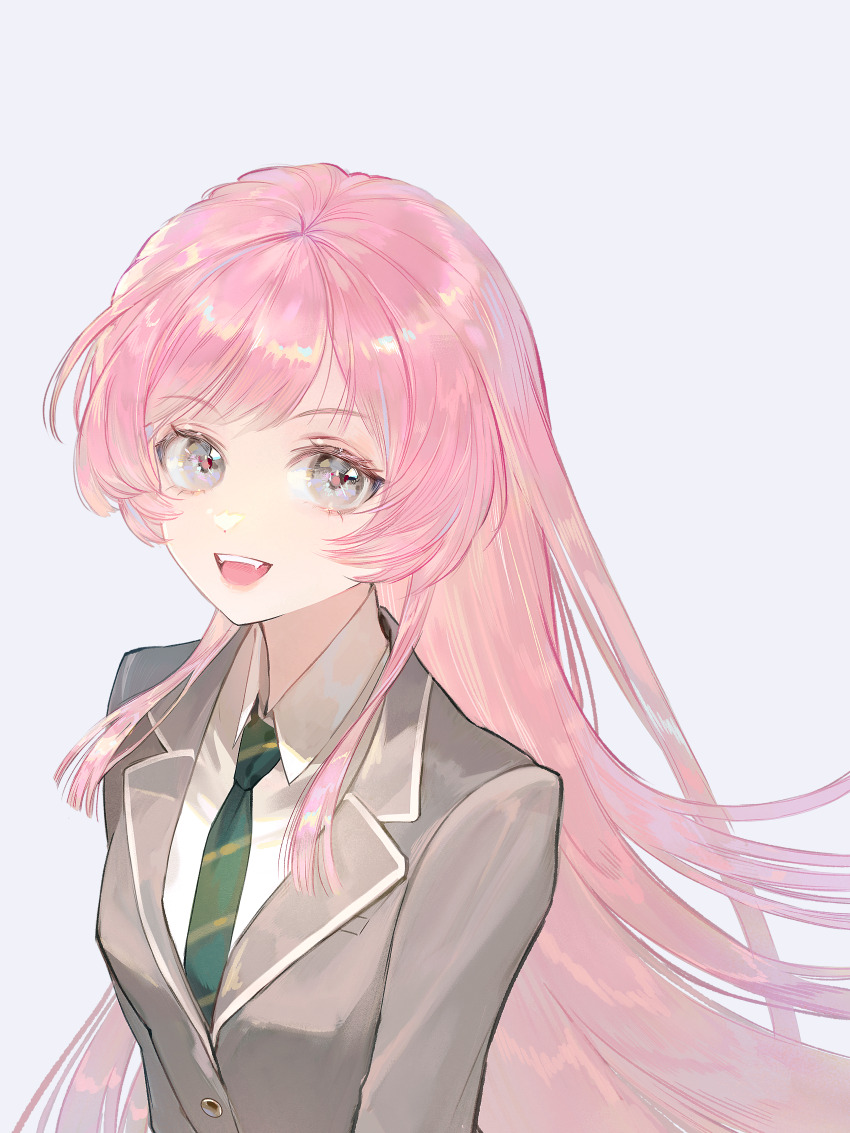 1girl absurdres bang_dream! bang_dream!_it&#039;s_mygo!!!!! chihaya_anon collared_shirt commentary_request diagonal-striped_clothes diagonal-striped_necktie green_necktie grey_eyes grey_jacket haneoka_school_uniform highres jacket lapels long_hair looking_at_viewer nanshan_dawang necktie notched_lapels open_mouth pink_hair pink_pupils school_uniform shirt simple_background solo striped_clothes teeth upper_body upper_teeth_only very_long_hair white_background white_shirt