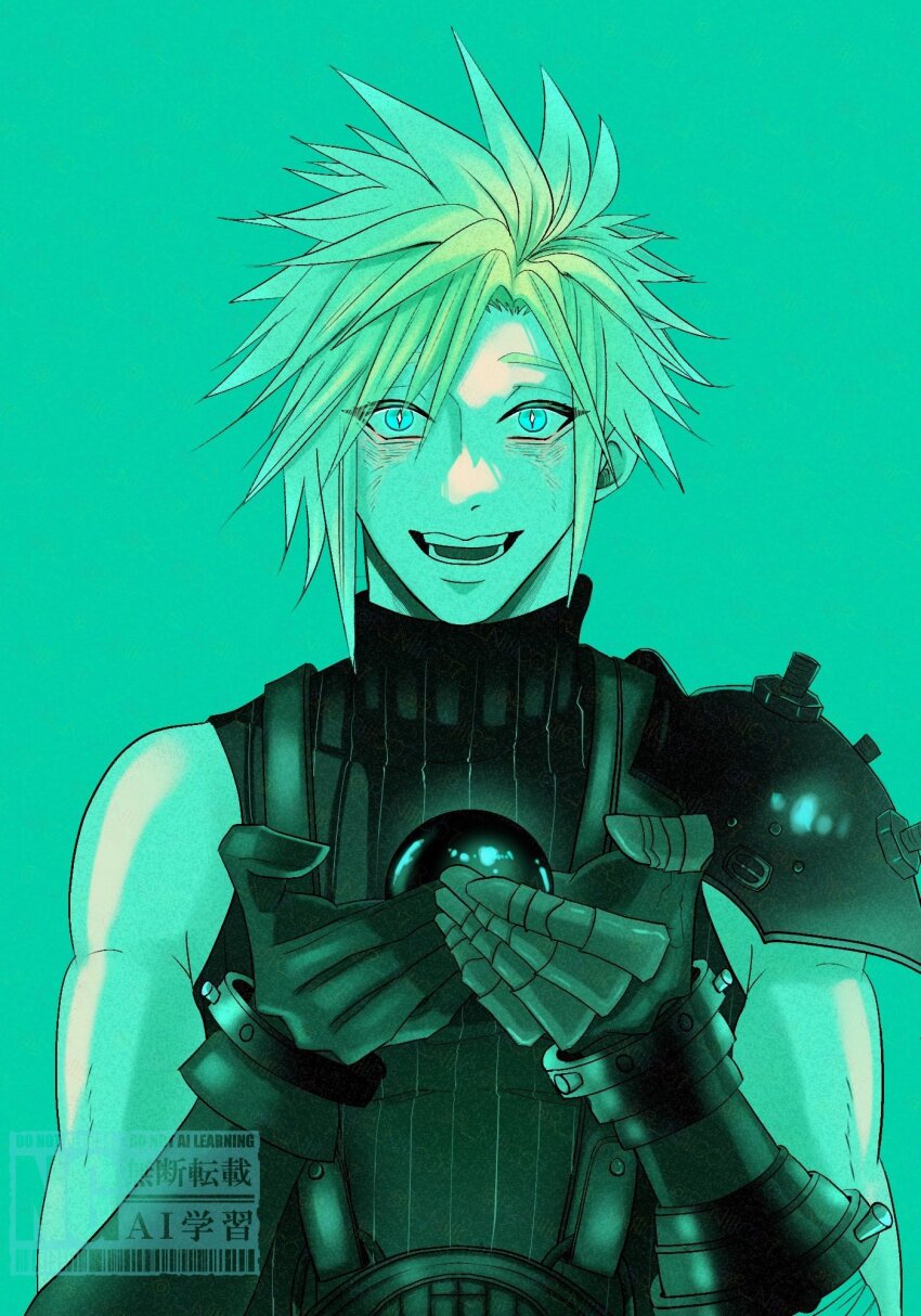 1boy armor black_gloves black_materia blue_eyes cloud_strife crazy crazy_smile dark_persona final_fantasy final_fantasy_vii gloves highres holding looking_at_viewer male_focus open_mouth pauldrons r_niiico7 short_hair shoulder_armor single_pauldron sleeveless sleeveless_turtleneck slit_pupils smile spiked_hair turtleneck watermark