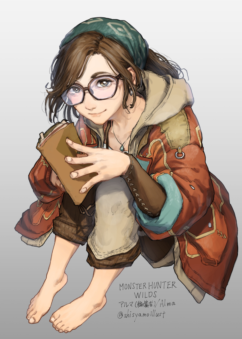 1girl absurdres alma_(monster_hunter_wilds) barefoot brown_eyes brown_hair feet glasses highres long_hair looking_at_viewer monster_hunter_(series) monster_hunter_wilds shisyamosya0315 smile toes