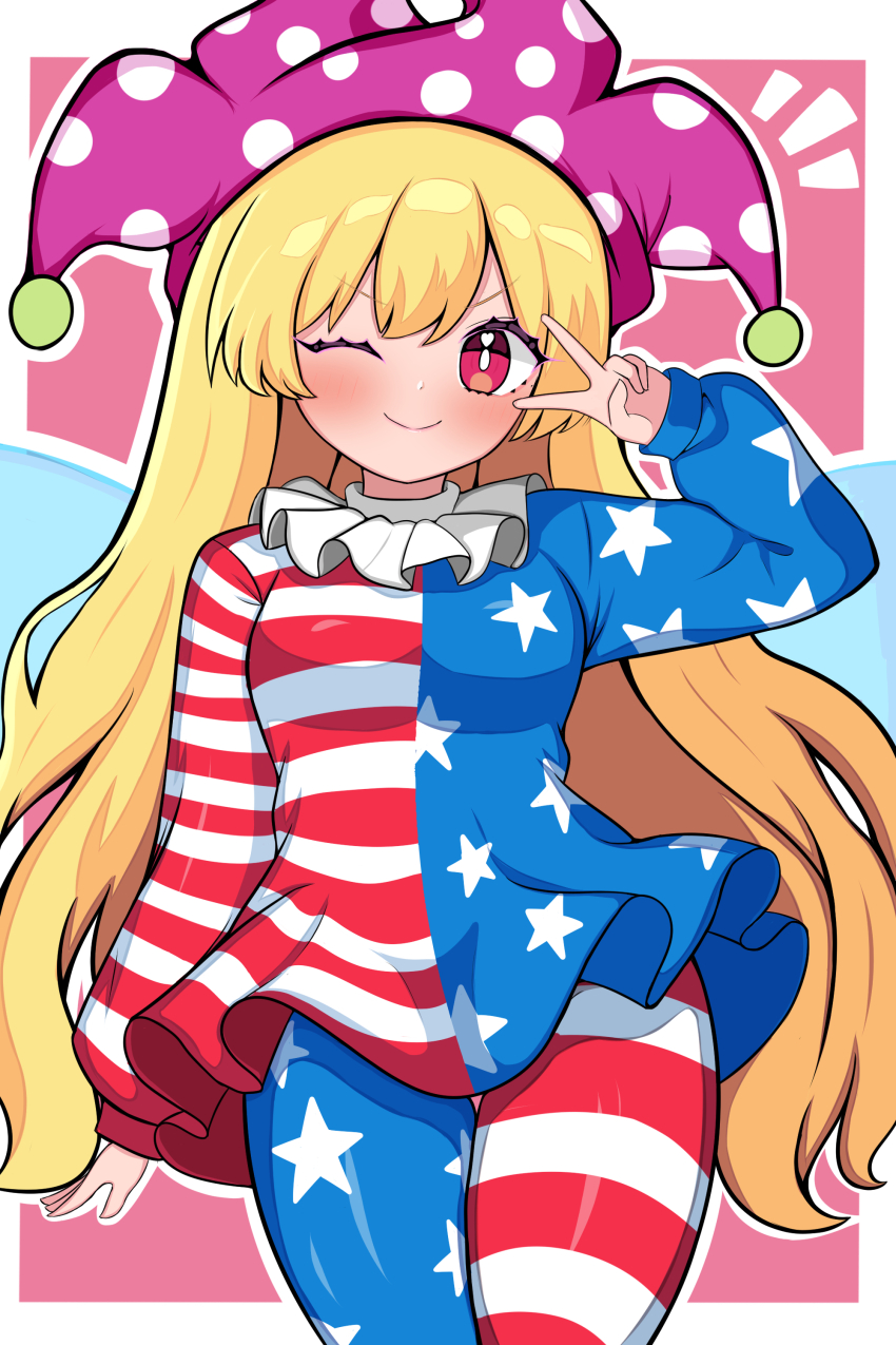 1girl absurdres american_flag_dress american_flag_legwear beads blonde_hair blush border breasts bright_pupils closed_mouth clownpiece commentary cowboy_shot dress fairy_wings hair_between_eyes hand_up hat highres jester_cap kukurukurukuru long_hair long_sleeves looking_at_viewer medium_breasts neck_ruff notice_lines one_eye_closed outside_border pantyhose pink_background polka_dot_headwear puffy_long_sleeves puffy_sleeves purple_hat red_eyes simple_background smile solo standing star_(symbol) star_print striped_clothes striped_dress striped_pantyhose thighs touhou v wavy_hair white_border white_pupils wings