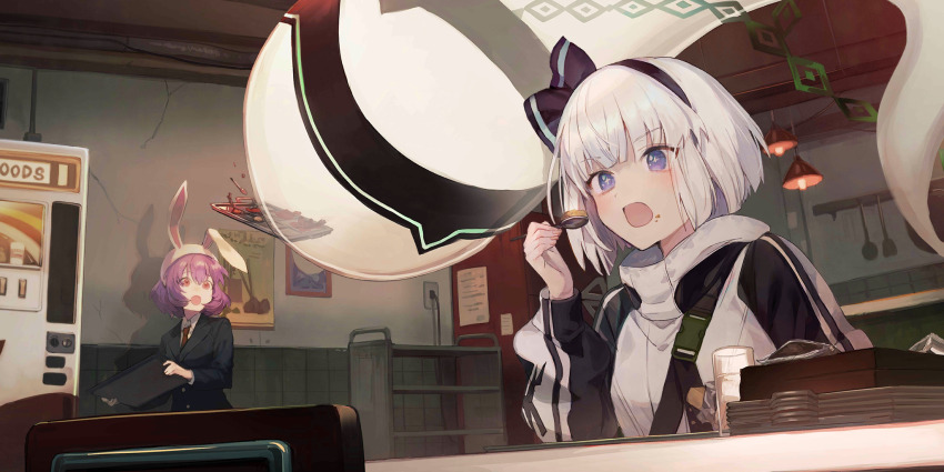 +_+ 2girls alternate_costume animal_ears black_hairband black_jacket cup drinking_glass eating food food_on_face game_cg grey_hair grey_jacket hairband helmet highres hihara_you hitodama holding holding_spoon indoors jacket konpaku_youmu konpaku_youmu_(ghost) konpaku_youmu_(lunar_war_gardener) long_sleeves moon_rabbit_extra_(touhou) multicolored_jacket multiple_girls official_art purple_eyes purple_hair rabbit_ears rabbit_girl shadow spoon third-party_source touhou touhou_lostword tray two-tone_jacket vending_machine